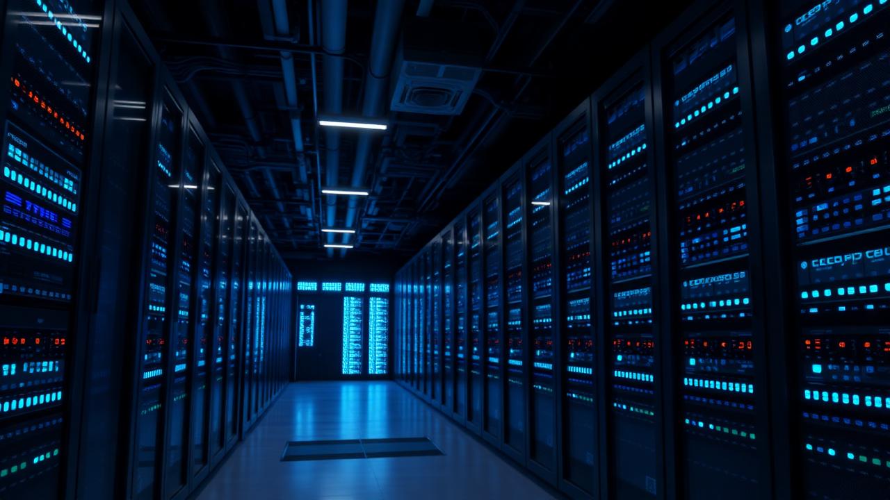 Modern server room with blue LED lighting